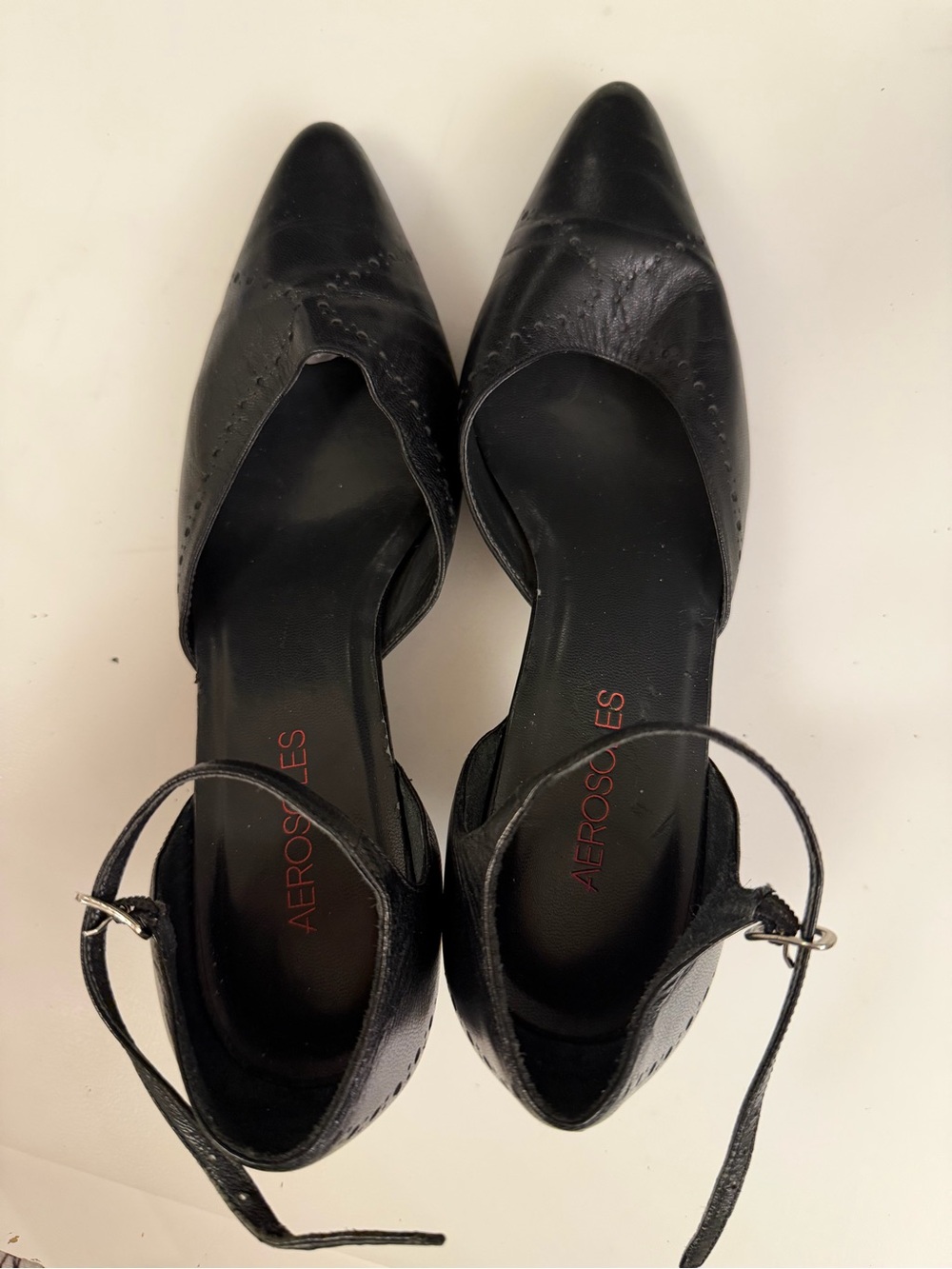AEROSOLES Black Leather Pointed D'Orsay Ankle-Strap Kitten Heels- Women’s